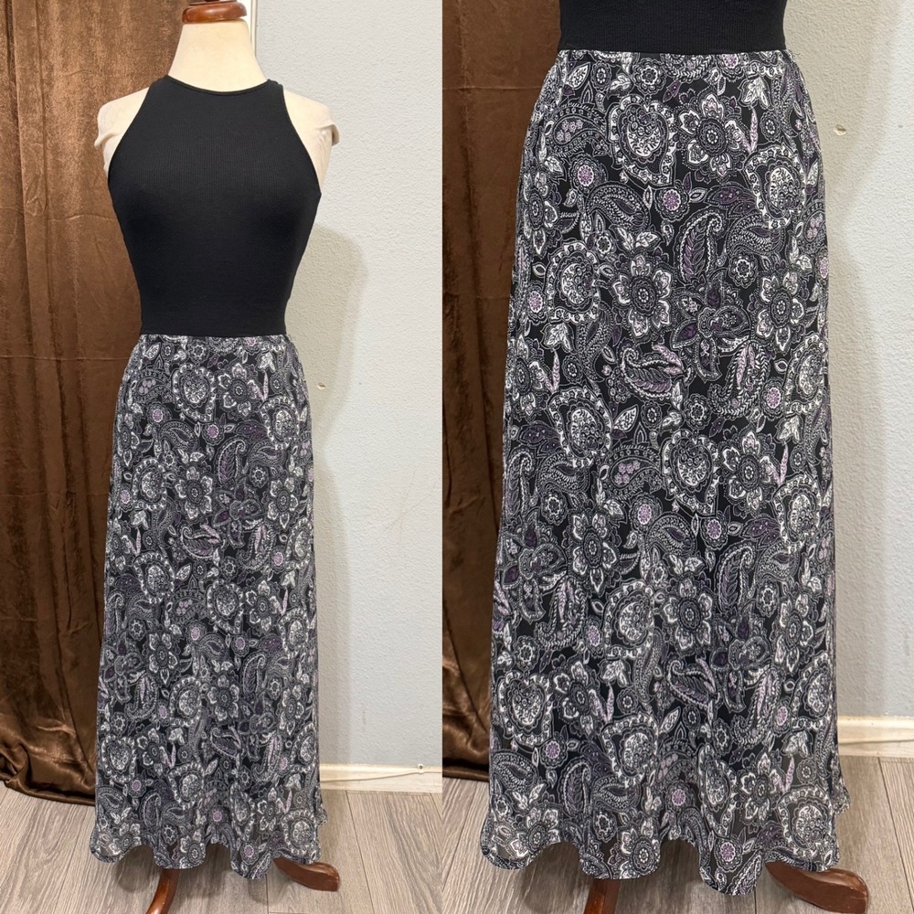 Dressbarn Maxi Skirt Size 18W Black Purple Paisley Floral Plus Whimsigoth Boho